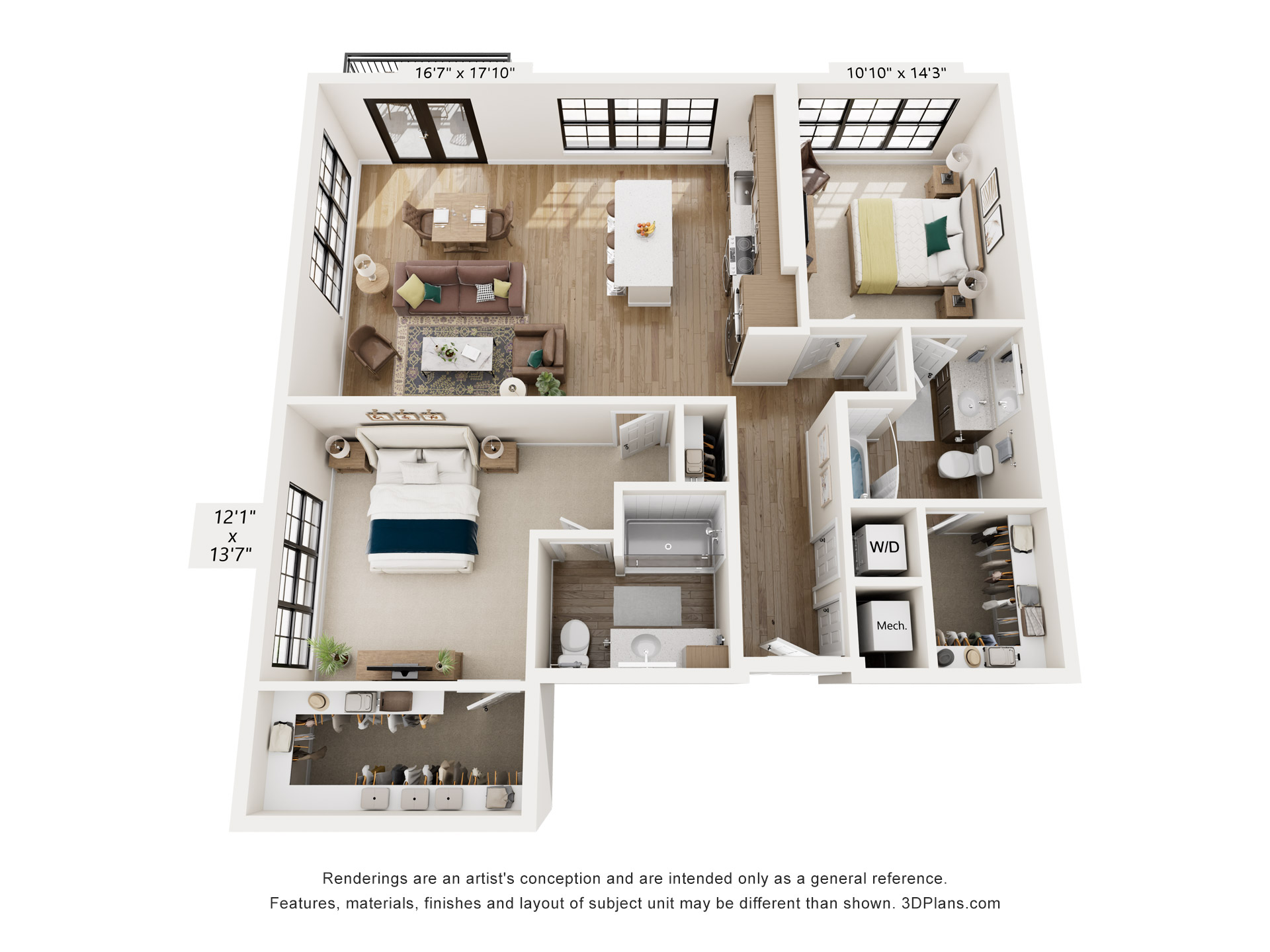 Floor plan for 2 beds, 2 baths, 1290 sqft